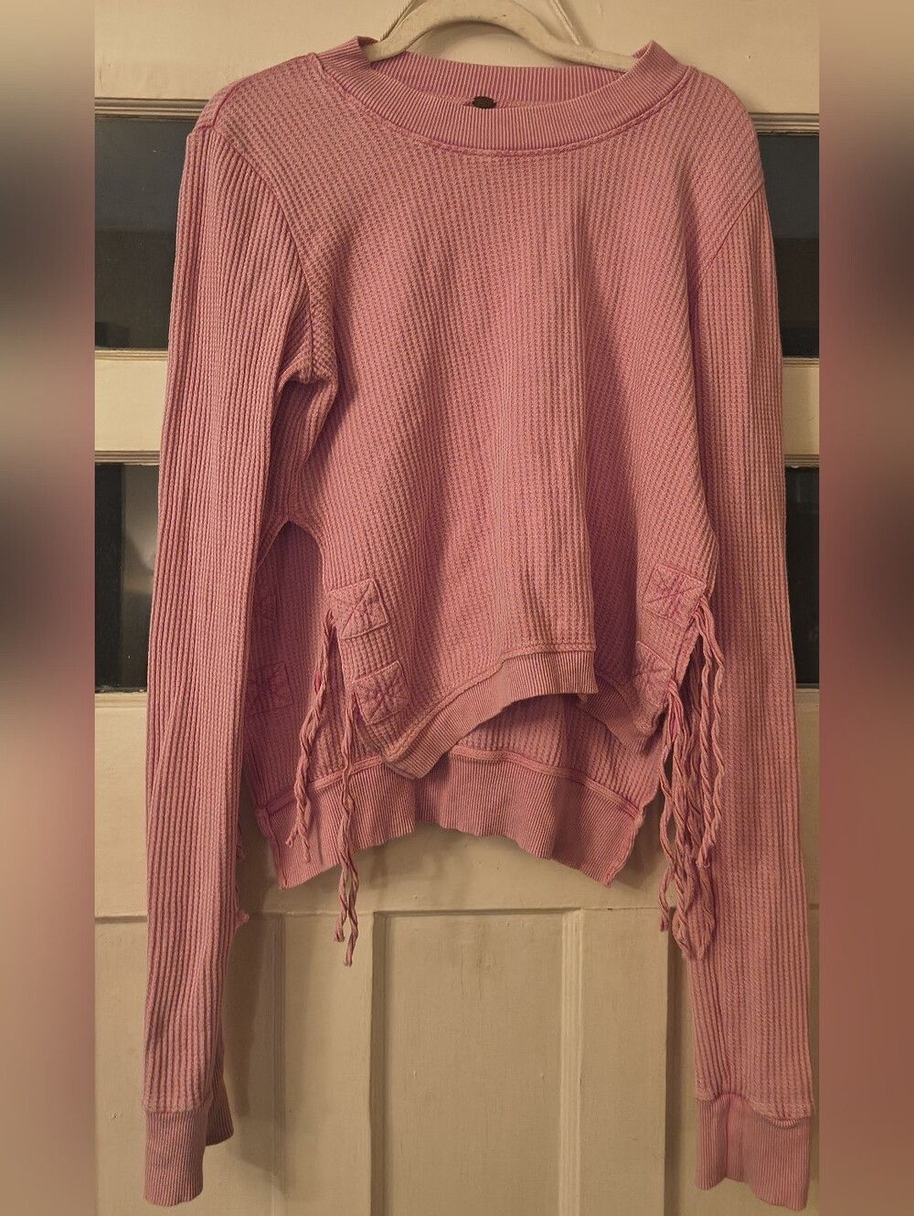 Free People One Interlaken Waffle Thermal Lin Sleeve Top Size Large Pink